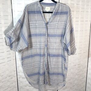 Anthropologie - Maeve‎ Lena Blue/Ivory Yarn Dyed Balloon Sleeve Oversize Size XS